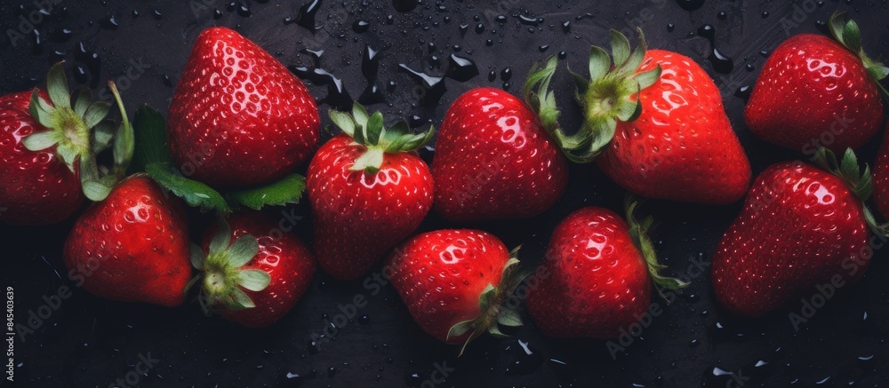 Poster background of fresh strawberries close up banner the view from the top. creative banner. copyspace i