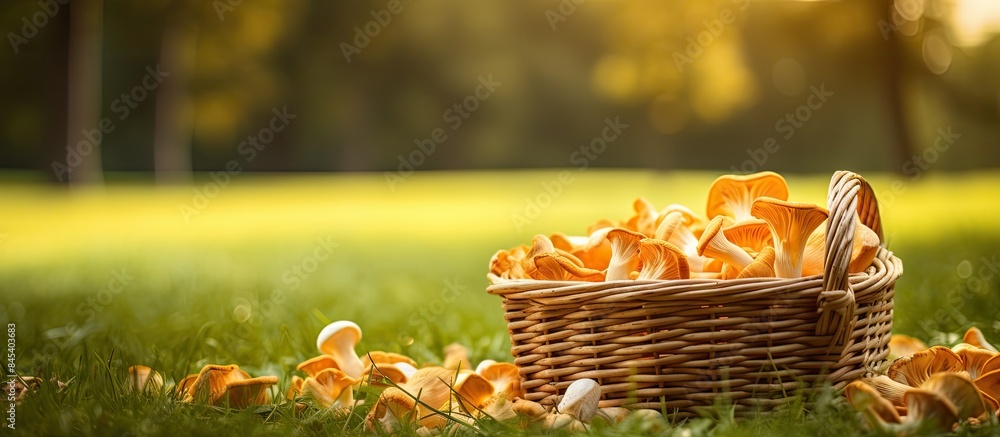 Poster chanterelle mushroom in a wicker wooden basket on a background of green grass. creative banner. copy