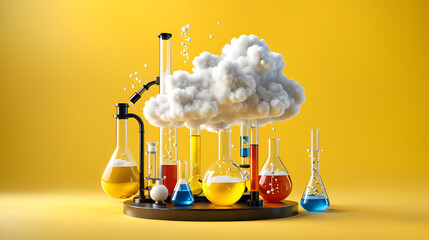 The test tubes and flasks in the chemistry laboratory, under the influence of chemical reactions, explode with fireworks cloud explosion effects, chemical experimental effects, and chemical reactions 