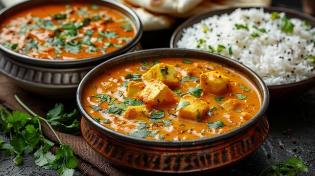Close-up of paneer tikka masala with basmati rice and naan bread, showcasing the richness of Indian cuisine