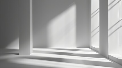A gray background for product presentation, featuring shadows and light streaming in from windows.
