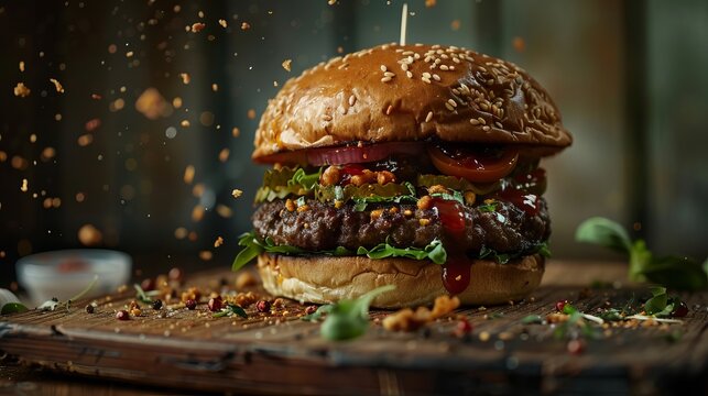 A hamburger loaded with various ingredients, placed on a wooden board with small pieces of food scattered around.