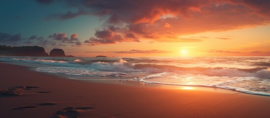 Fototapeta premium Romantic sunset on the beach. Creative banner. Copyspace image