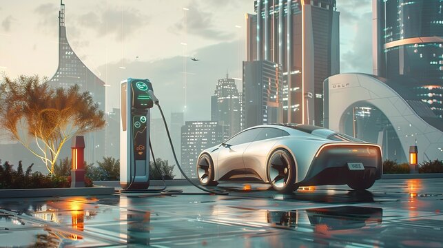 An innovative electric car connected to a charging station, set against a backdrop of futuristic architecture.