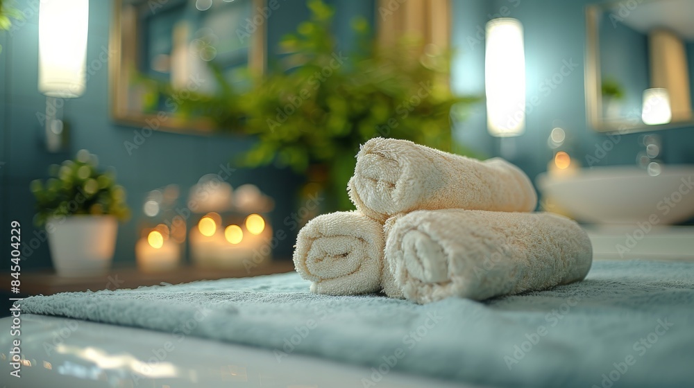 Poster soft, rolled spa towels displayed neatly on a counter in a modern bathroom with warm ambient lightin