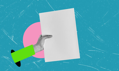 Abstract art collage, modern art collage. Hand with blank piece of paper.