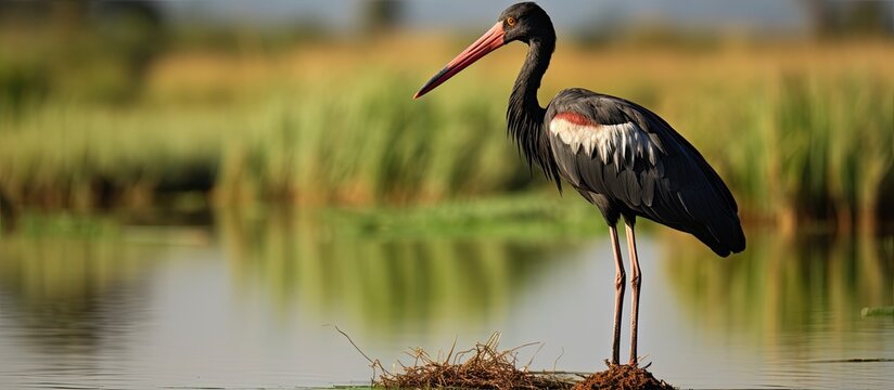 The black stork Ciconia nigra Nameri National Park. Creative banner. Copyspace image