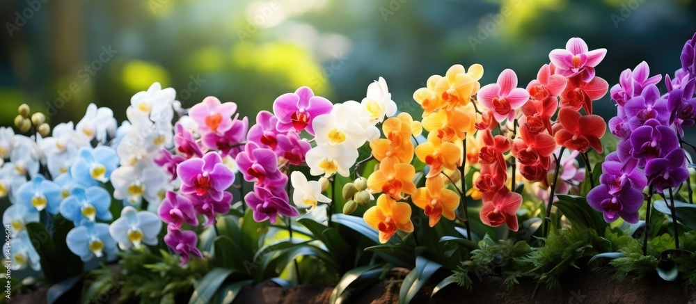 Poster various colorful orchids in natural background. creative banner. copyspace image