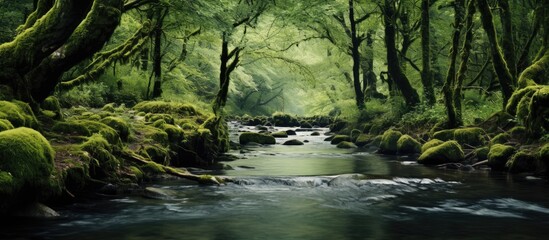 mossy trees with a river in the middle of a forest. Creative banner. Copyspace image