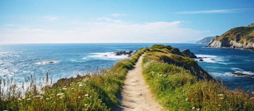 walkway at seaside cliff against blue sea and sky. Creative banner. Copyspace image