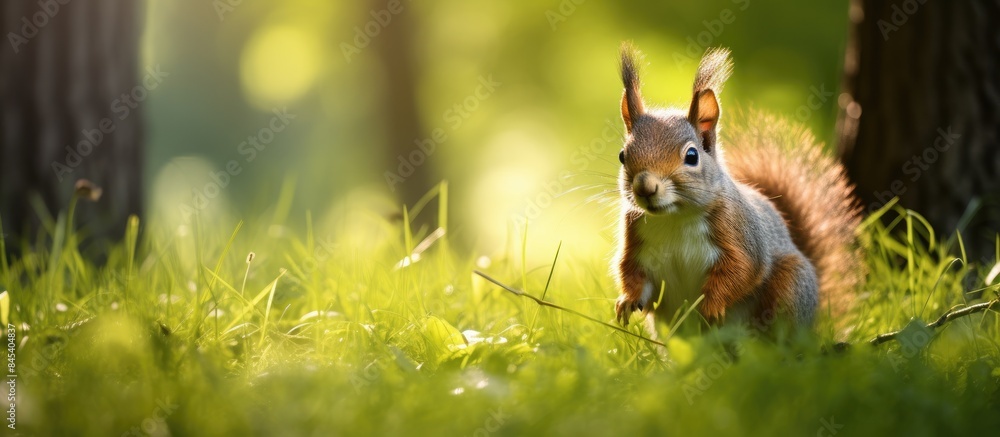 Poster Squirrel standing in a patch of grass. Creative banner. Copyspace image