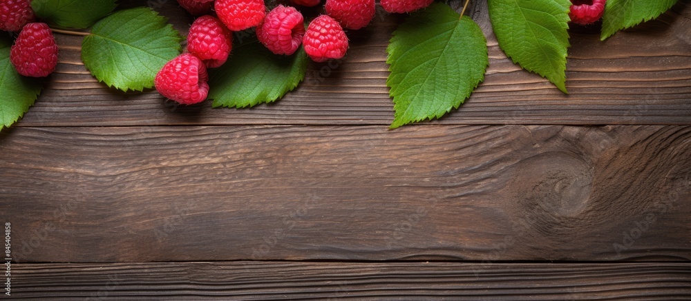 Fototapete a scattering of raspberry and raspberry leaves on a wooden background. creative banner. copyspace im