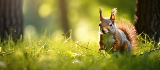 Squirrel standing in a patch of grass. Creative banner. Copyspace image