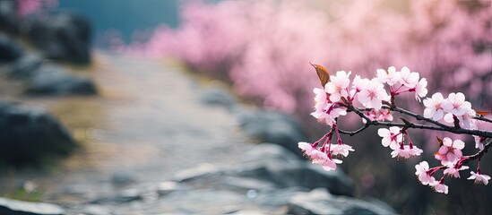 Fototapeta premium Blur short of Cherry blossom on the way in the mountain. Creative banner. Copyspace image