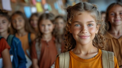 Fototapeta premium A cheerful young girl with a bright smile stands out in a group of children