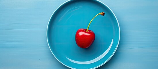 Fresh ripe cherry on blue plate top view with copy space