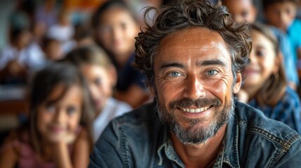 Fototapeta premium A joyful man with a genuine smile and a relaxed demeanor in front of schoolchildren