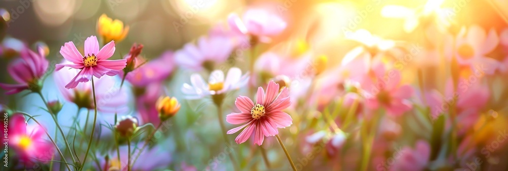 Wall mural a field of pink cosmos flowers blossoms in the warm sunlight of a summer day, creating a vibrant and