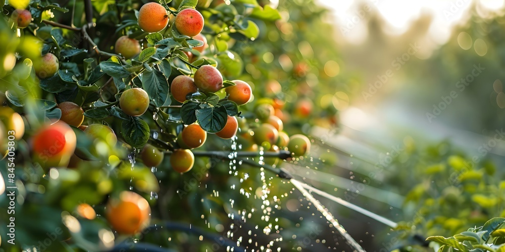 Poster automated smart irrigation system with rotating sprinklers for lawn and fruit garden. concept smart 