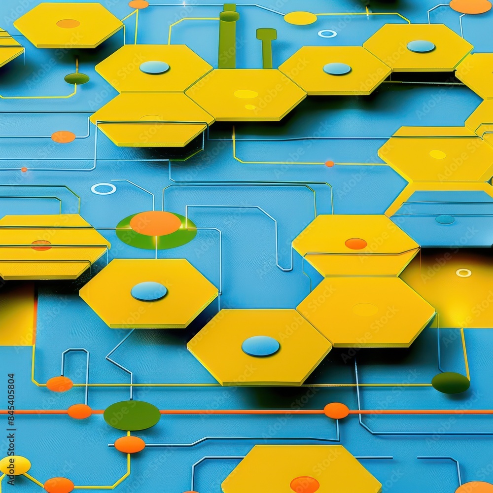 Poster Abstract design featuring interconnected yellow hexagons on a blue background, representing network connectivity and modern technology.
