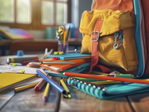 A colorful array of school supplies including notebooks, pencils, and a backpack, perfect for preparing for the new school year.
