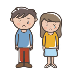 悲しくて涙する若い男女の全身イラスト