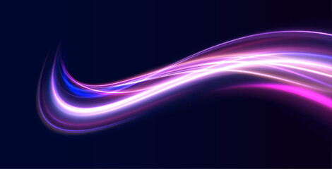 Neon color glowing lines background, high-speed light trails effect. Modern abstract high-speed light motion effect on black background. Light motion effect, slow shutter of traffic.	