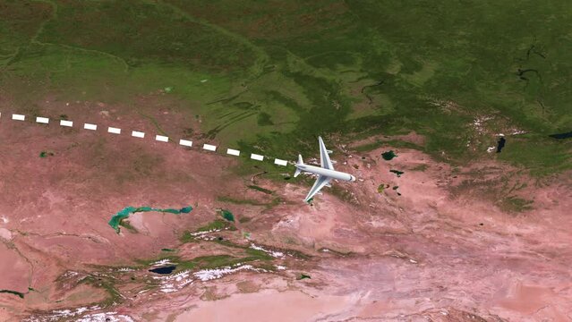 International flight travel route from Paris to Seoul on worlds map in 4K
