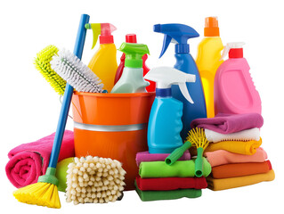 Collection of Cleaning Supplies with Spray Bottles and Brushes