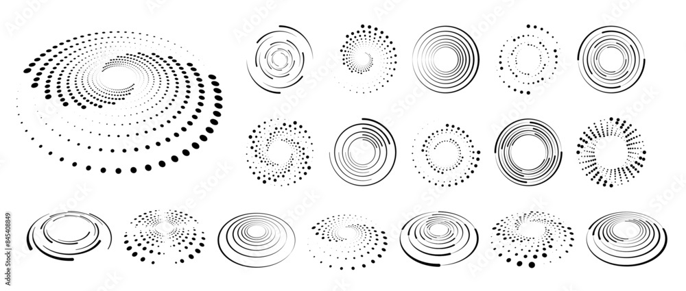 Fototapete Abstract circle with lines as a spiral or propeller. Circle dotted speed lines. Abstract round halftone circle frames, rotating dotted circle shapes. Halftone circular dotted frames set.	