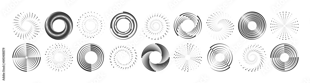 Aufkleber Dot circle pattern. Concentric vortex circles, circular ripple lines design. PNG. Dynamic abstract black spiral. White round dotted frames set isolated on black background.	