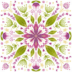 Bright floral mandala with wildflowers. Lilac flowers and bright green foliage