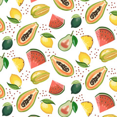White background with tropical fruits.Vector seamless pattern with bright fruits on a light background.