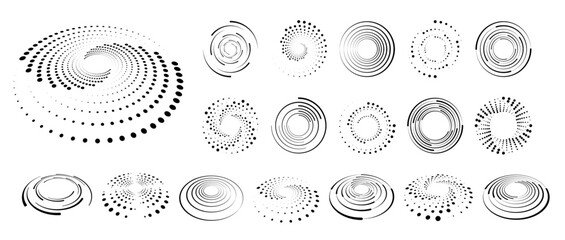 Abstract circle with lines as a spiral or propeller. Circle dotted speed lines. Abstract round halftone circle frames, rotating dotted circle shapes. Halftone circular dotted frames set.	