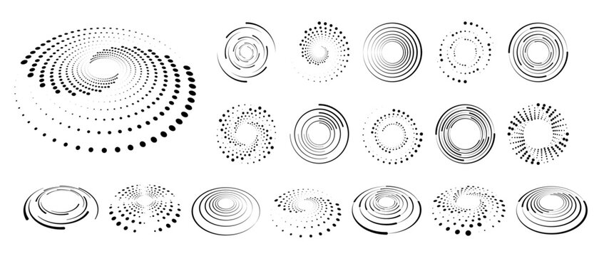 Abstract circle with lines as a spiral or propeller. Circle dotted speed lines. Abstract round halftone circle frames, rotating dotted circle shapes. Halftone circular dotted frames set.	