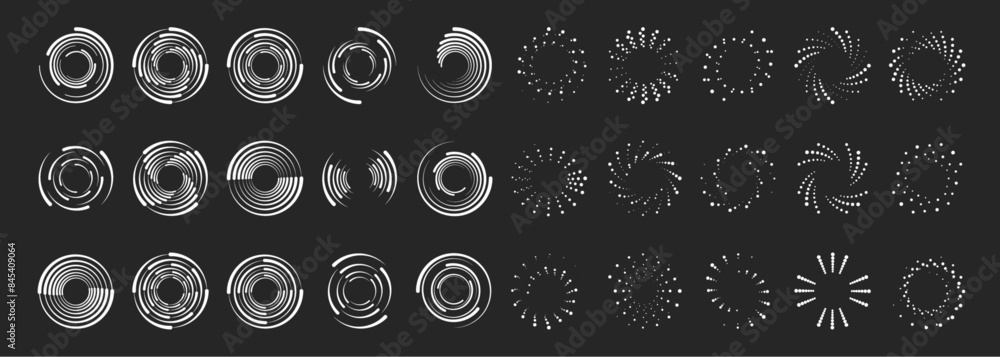 Fototapete Dot circle pattern. Orange round halftone dot patterns. Spiral halftones frame. Set of swirl abstract ripple elements. Circular graphic textures isolated on black background. Vector.	