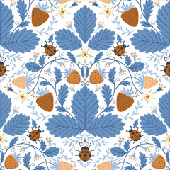 Strawberry floral scandinavian seamless pattern. Folk style. Vector illustration. Background based on traditional embroidery. Retro cozy wallpaper.