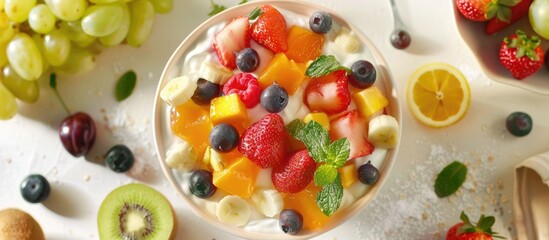 Yummy fruit salad with yogurt displayed on a neutral-colored table