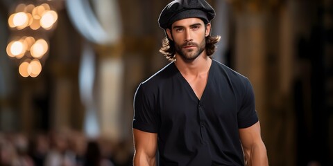 Male model in beret and joggers at fashion show. Concept Fashion, Male Model, Beret, Joggers, Fashion Show