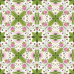 Strawberry floral ethnic seamless pattern. Folk style. Background based on traditional embroidery. Retro kitchen strawberry wallaper on white background.