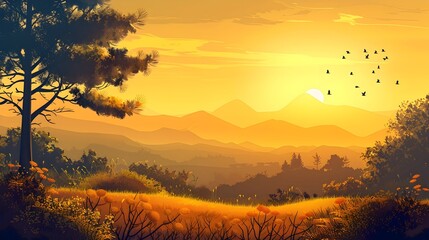 Obraz premium Golden Hour Landscape Tranquil Retreat Scenery for Wellness Experiences