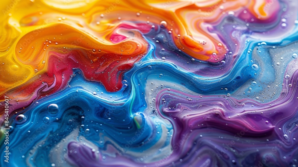 Poster colorful macro shot of rainbow paint swirls with water droplets creating a dynamic and artistic patt