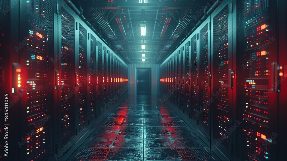 Aufkleber a dark and futuristic server room with red illumination, showcasing high-tech data processing