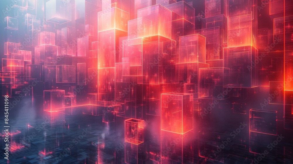 Poster a digital art piece featuring glowing 3d blocks in a vast array of pinks and reds symbolizing data o