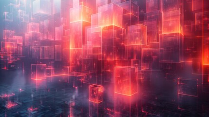 A digital art piece featuring glowing 3D blocks in a vast array of pinks and reds symbolizing data or virtual reality concepts