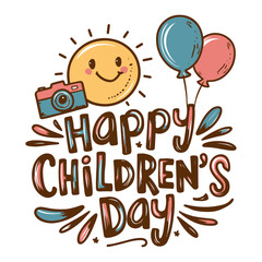 Happy Children's Day. Greeting card for Children's Day with balloons and smiling sun taking photos. 