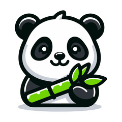 Flat Vector Cute Cartoon Panda Character with Bamboo. Funny Smiling Sitting Panda Bear in Front View