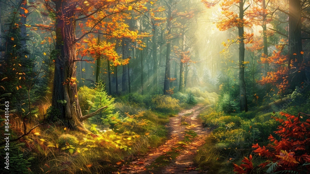 Aufkleber forest of green with trees displaying autumn hues a winding path and sunlight filtering through mist