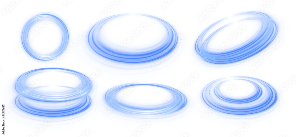 Poster Set of neon blurry light circles at motion . Vector swirl trail effect. Abstract vector fire circles, sparkling swirls and energy light spiral frames.