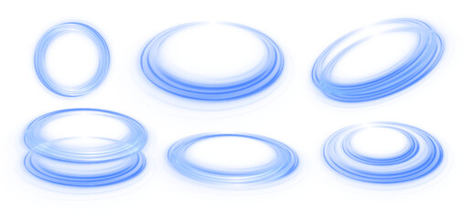 Set of neon blurry light circles at motion . Vector swirl trail effect. Abstract vector fire circles, sparkling swirls and energy light spiral frames.